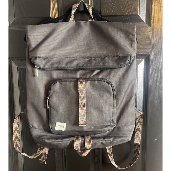 Toms StandUp Backpack Solid Black W/ Aztec detail Zipper Closure Fold-over Flaws - Picture 1 of 9